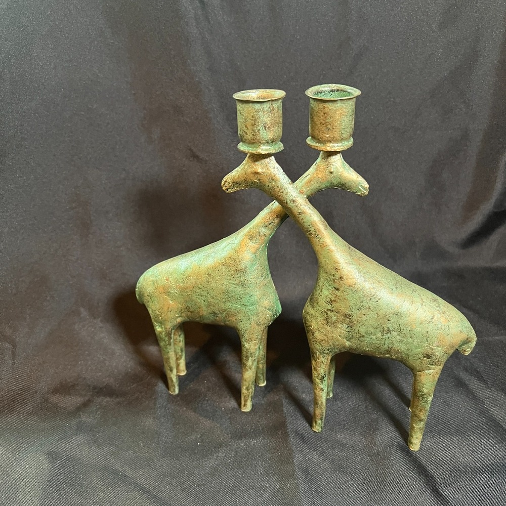 Vintage Verdigris Metal Giraffe Candleholders Pair Indonesia Mid Century Modern